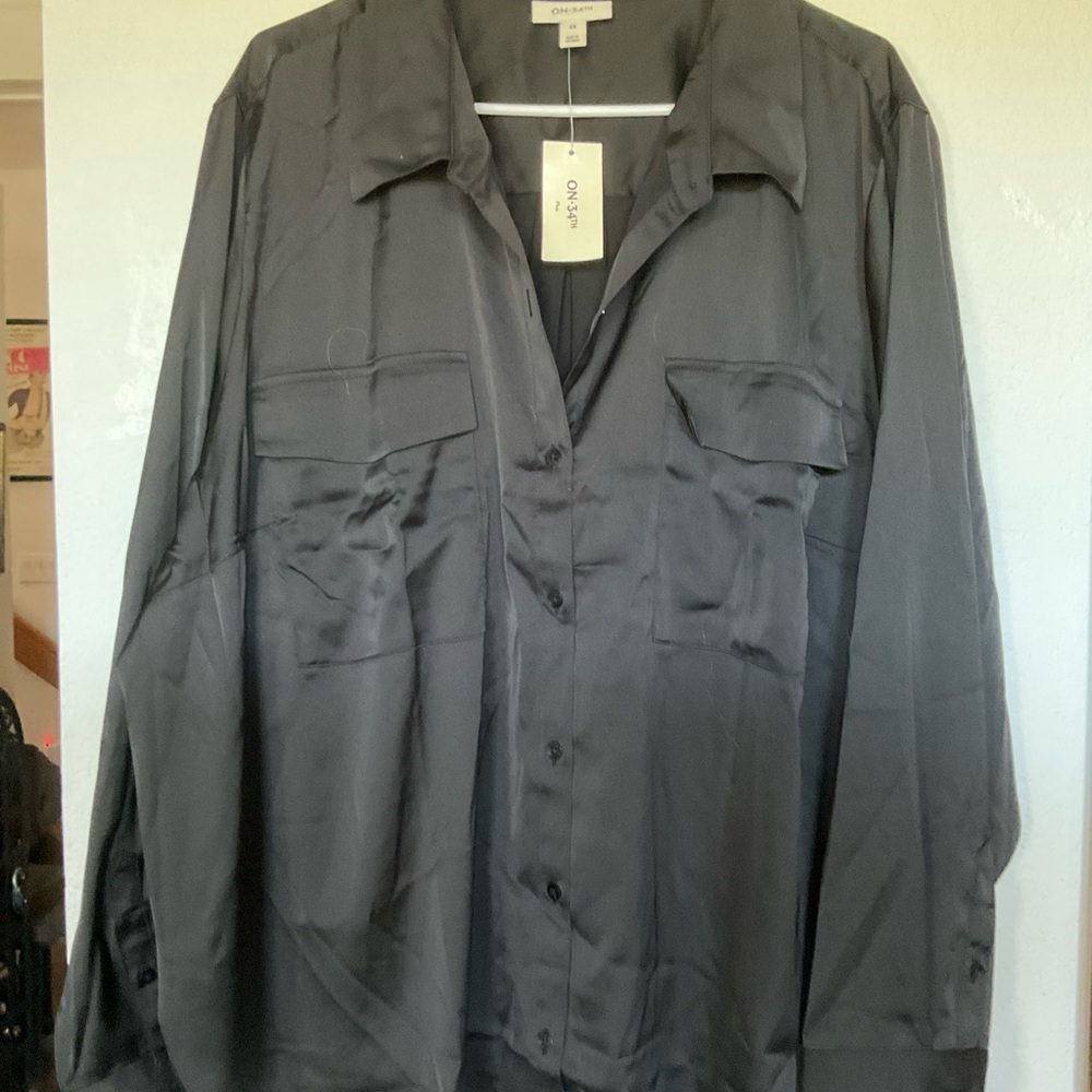 Black Satin Button-Up Shirt 4X